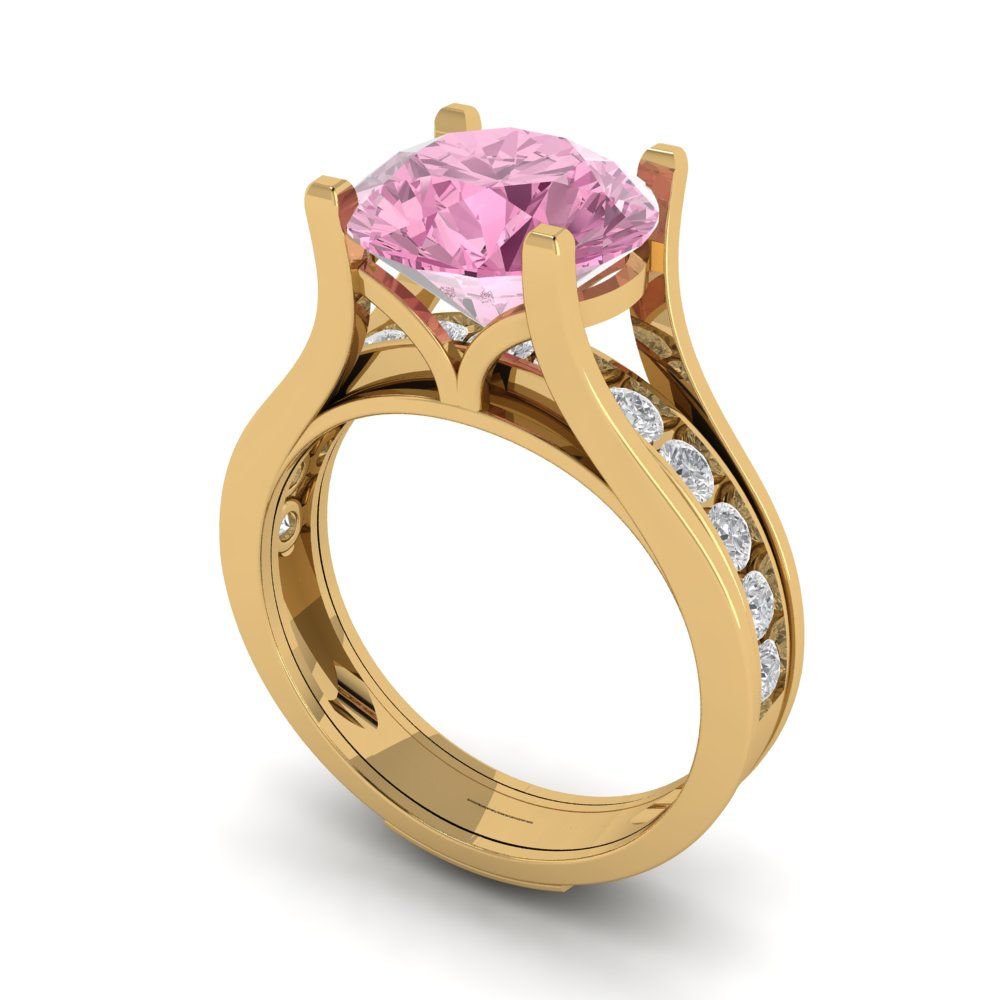 3.39 cttw Round Cut Simulated Pink Diamond Bridal Set - Solid Yellow Gold Engagement Ring & Wedding Band