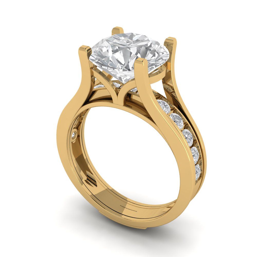 3.39 cttw Round Cut White Sapphire Bridal Set - Solid Yellow Gold Engagement Ring & Wedding Band