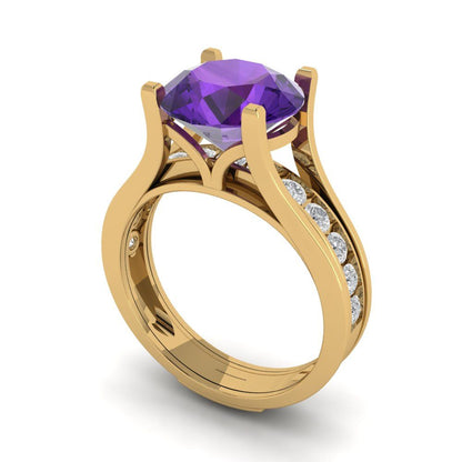3.39 cttw Round Cut Natural Amethyst Bridal Set - Solid Yellow Gold Engagement Ring & Wedding Band