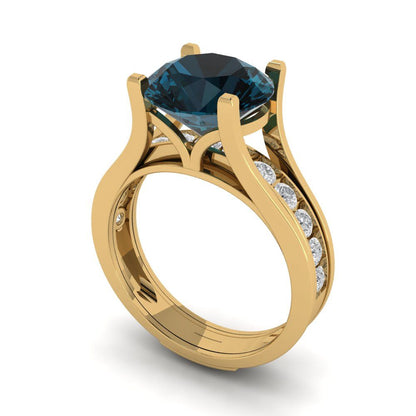 3.39 cttw Round Cut Natural London Blue Topaz Bridal Set - Solid Yellow Gold Engagement Ring & Wedding Band