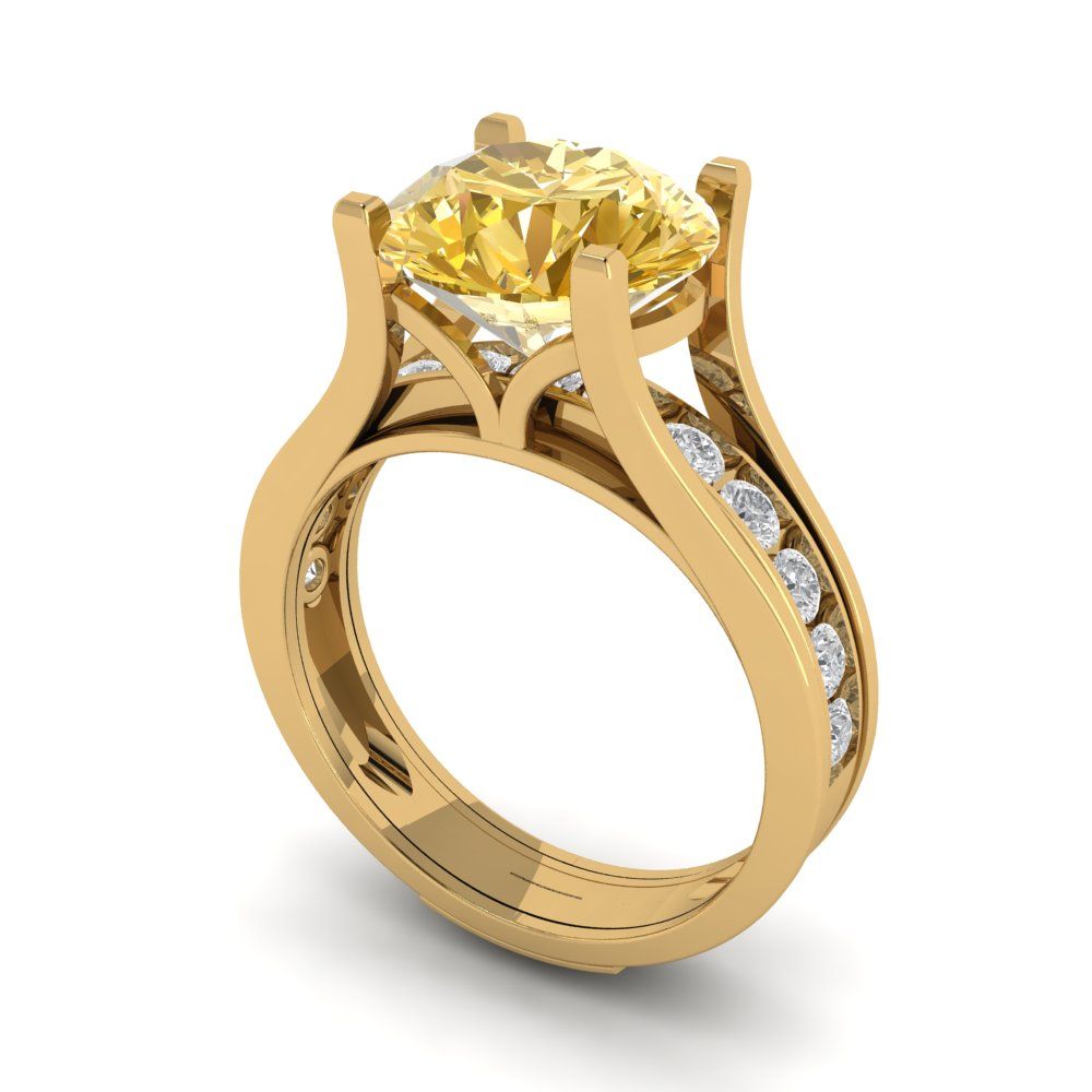 3.39 cttw Round Cut Simulated Yellow Diamond Bridal Set - Solid Yellow Gold Engagement Ring & Wedding Band