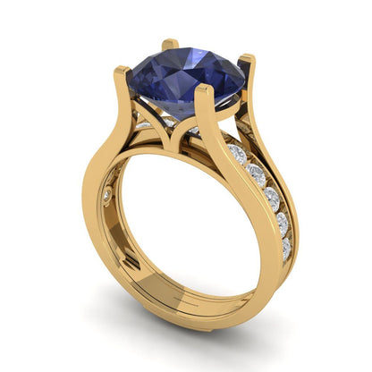 3.39 cttw Round Cut Simulated Blue Sapphire Bridal Set - Solid Yellow Gold Engagement Ring & Wedding Band