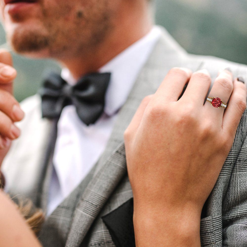 3.39 cttw Round Cut Natural Garnet Bridal Set - Solid Yellow Gold Engagement Ring & Wedding Band