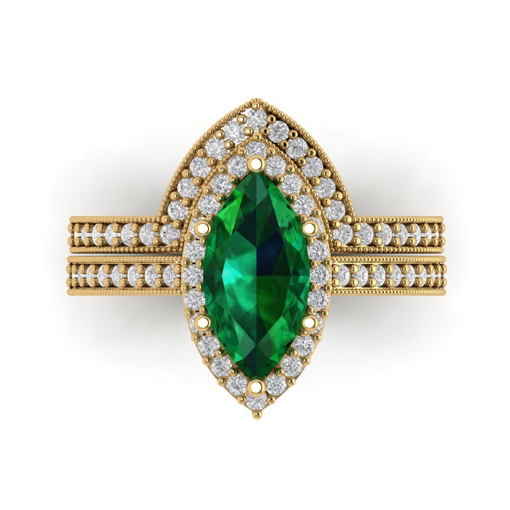 2.4875 cttw Marquise Cut Simulated Emerald Bridal Set - Solid Yellow Gold Engagement Ring & Wedding Band