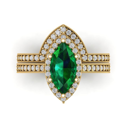 2.4875 cttw Marquise Cut Simulated Emerald Bridal Set - Solid Yellow Gold Engagement Ring & Wedding Band