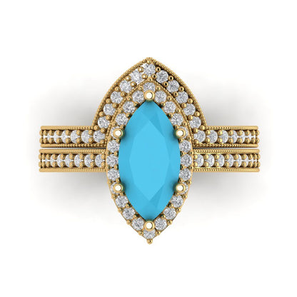 2.4875 cttw Marquise Cut Simulated Turquoise Bridal Set - Solid Yellow Gold Engagement Ring & Wedding Band