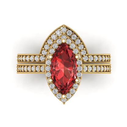 2.4875 cttw Marquise Cut Natural Garnet Bridal Set - Solid Yellow Gold Engagement Ring & Wedding Band