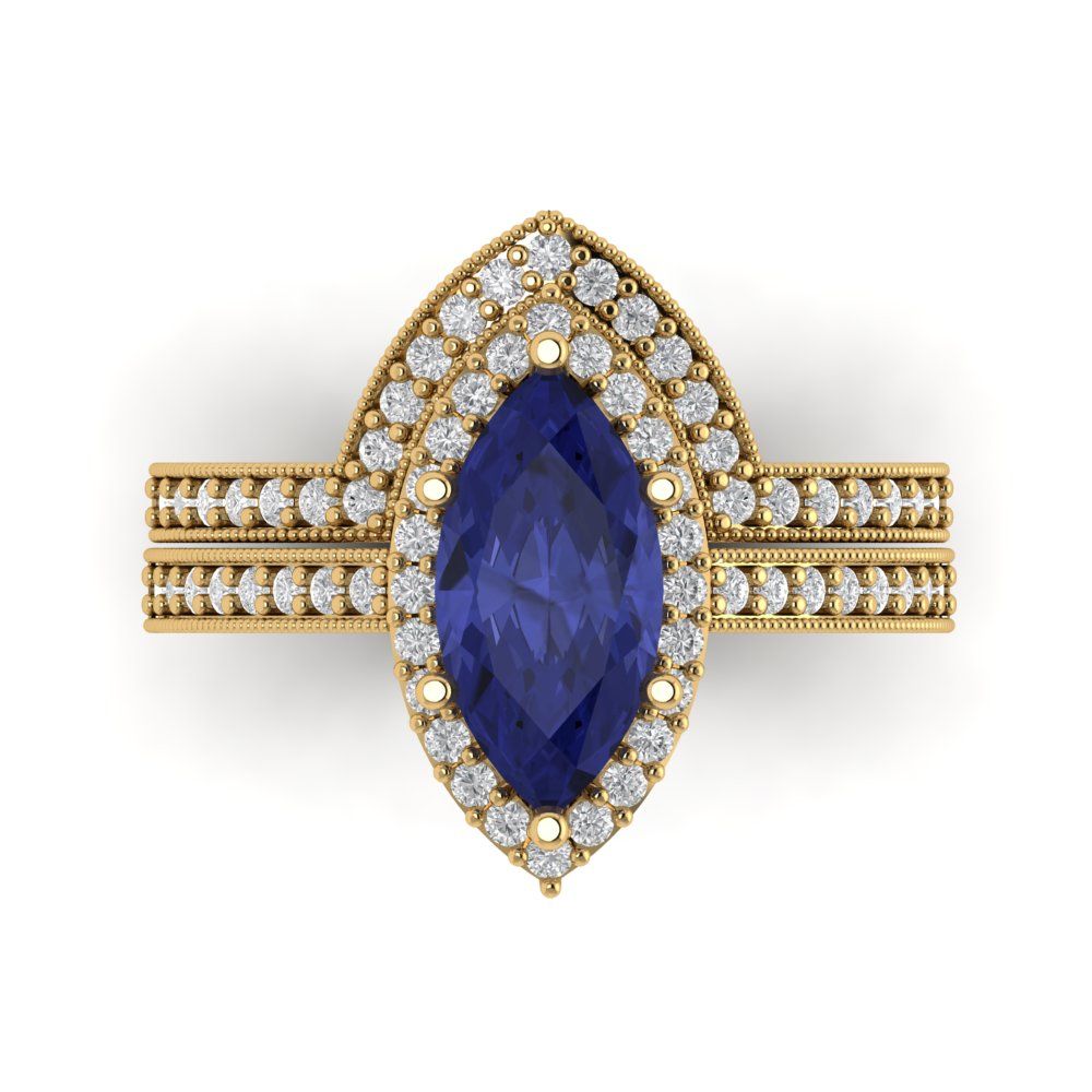 2.4875 cttw Marquise Cut Simulated Tanzanite Bridal Set - Solid Yellow Gold Engagement Ring & Wedding Band
