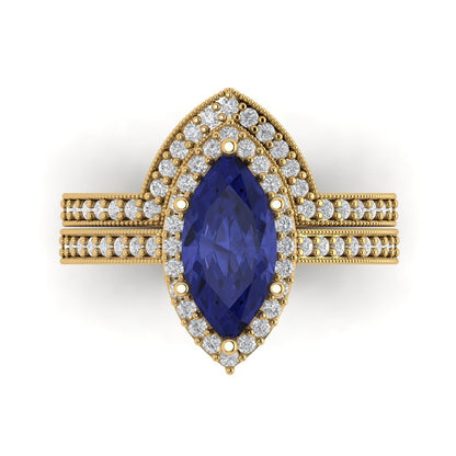 2.4875 cttw Marquise Cut Simulated Tanzanite Bridal Set - Solid Yellow Gold Engagement Ring & Wedding Band