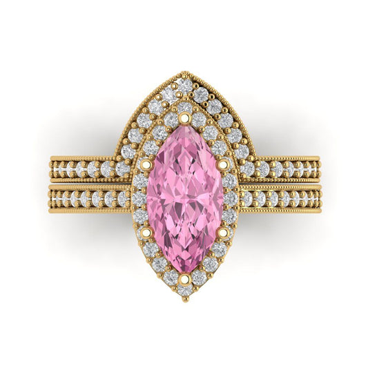 2.4875 cttw Marquise Cut Simulated Pink Diamond Bridal Set - Solid Yellow Gold Engagement Ring & Wedding Band