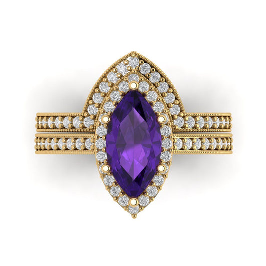 2.4875 cttw Marquise Cut Natural Amethyst Bridal Set - Solid Yellow Gold Engagement Ring & Wedding Band