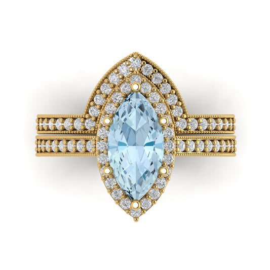 2.4875 cttw Marquise Cut Simulated Blue Diamond Bridal Set - Solid Yellow Gold Engagement Ring & Wedding Band