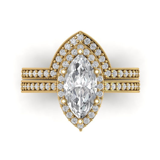 2.4875 cttw Marquise Cut Zirconia Simulated Diamond Bridal Set - Solid Yellow Gold Engagement Ring & Wedding Band