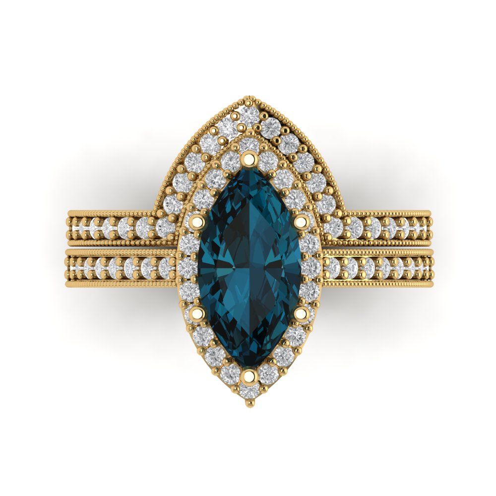 2.4875 cttw Marquise Cut Natural London Blue Topaz Bridal Set - Solid Yellow Gold Engagement Ring & Wedding Band