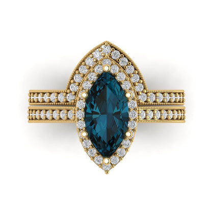 2.4875 cttw Marquise Cut Natural London Blue Topaz Bridal Set - Solid Yellow Gold Engagement Ring & Wedding Band