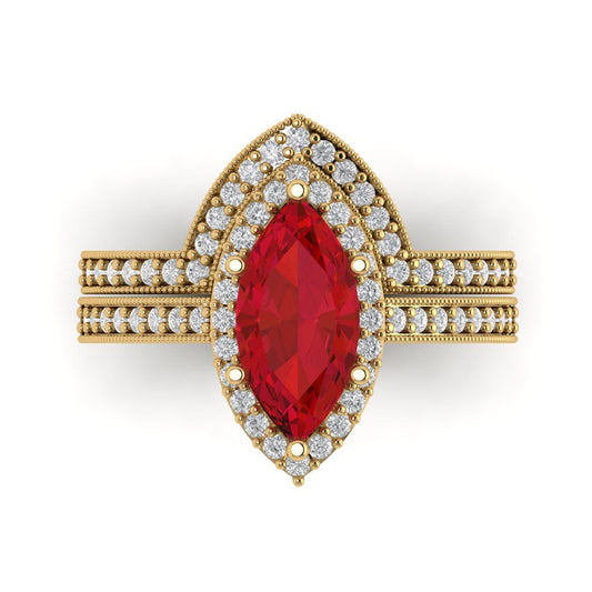 2.4875 cttw Marquise Cut Simulated Ruby Bridal Set - Solid Yellow Gold Engagement Ring & Wedding Band