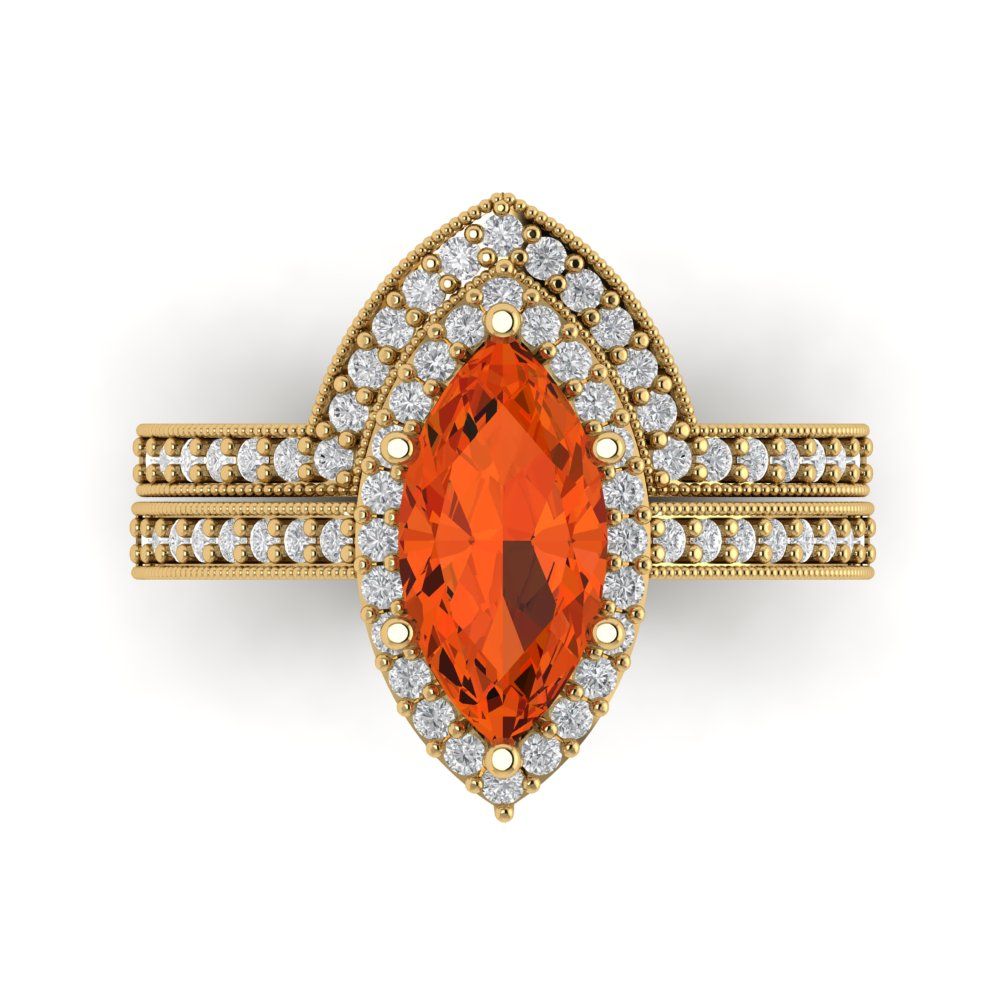 2.4875 cttw Marquise Cut Simulated Red Diamond Bridal Set - Solid Yellow Gold Engagement Ring & Wedding Band