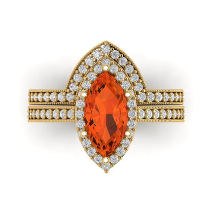 2.4875 cttw Marquise Cut Simulated Red Diamond Bridal Set - Solid Yellow Gold Engagement Ring & Wedding Band