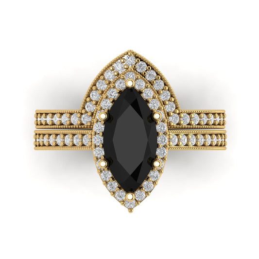 2.4875 cttw Marquise Cut Natural Onyx Bridal Set - Solid Yellow Gold Engagement Ring & Wedding Band
