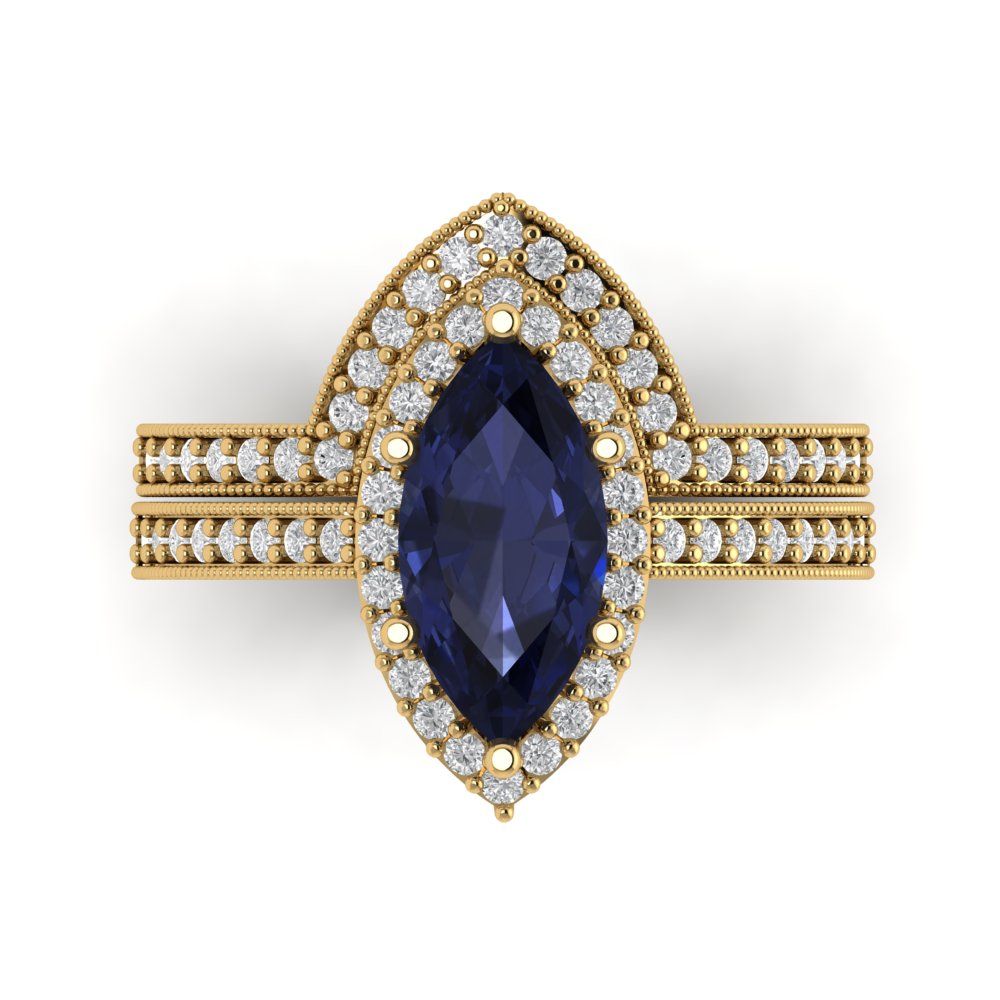 2.4875 cttw Marquise Cut Simulated Blue Sapphire Bridal Set - Solid Yellow Gold Engagement Ring & Wedding Band