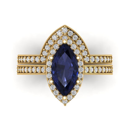 2.4875 cttw Marquise Cut Simulated Blue Sapphire Bridal Set - Solid Yellow Gold Engagement Ring & Wedding Band