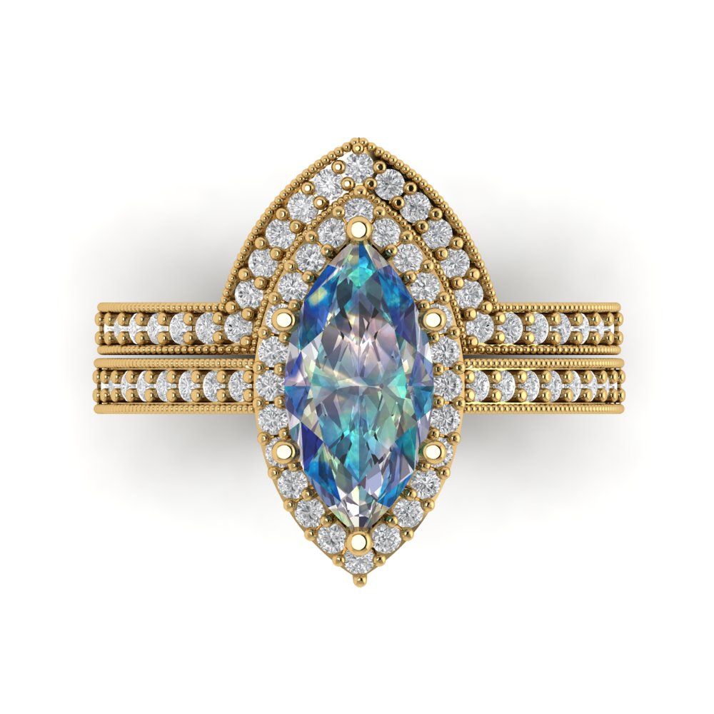 2.4875 cttw Marquise Cut Blue Moissanite Bridal Set - Solid Yellow Gold Engagement Ring & Wedding Band