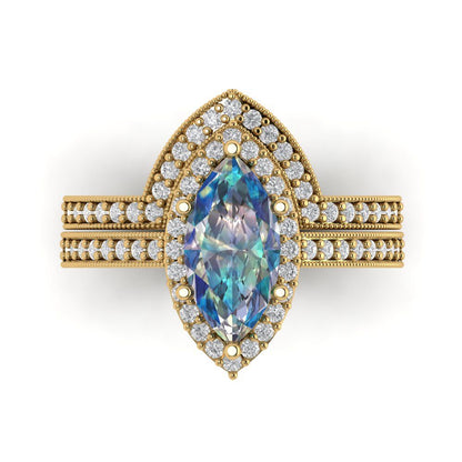 2.4875 cttw Marquise Cut Blue Moissanite Bridal Set - Solid Yellow Gold Engagement Ring & Wedding Band
