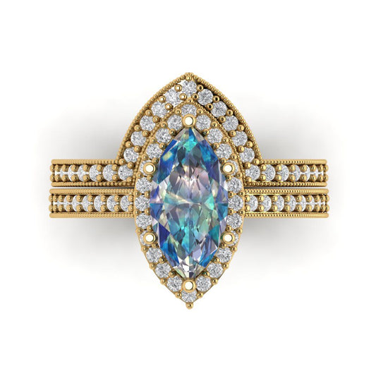 2.4875 cttw Marquise Cut Blue Moissanite Bridal Set - Solid Yellow Gold Engagement Ring & Wedding Band