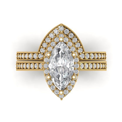 2.4875 cttw Marquise Cut White Sapphire Bridal Set - Solid Yellow Gold Engagement Ring & Wedding Band