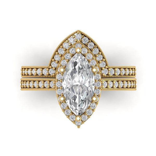 2.48 ct Brilliant Marquise Cut White Sapphire Stone Yellow Gold Halo Solitaire with Accents Bridal Set