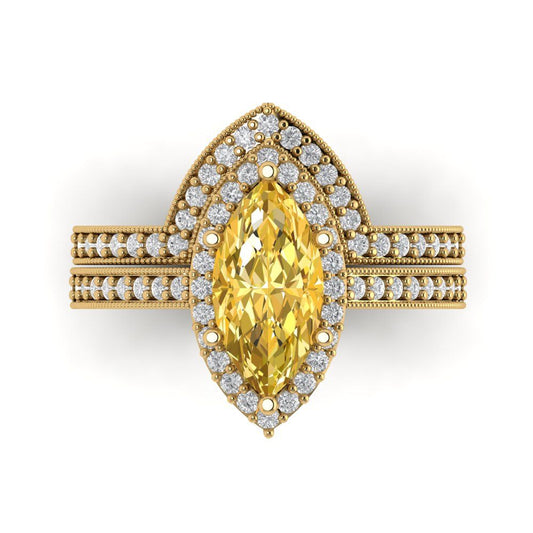 2.4875 cttw Marquise Cut Simulated Yellow Diamond Bridal Set - Solid Yellow Gold Engagement Ring & Wedding Band