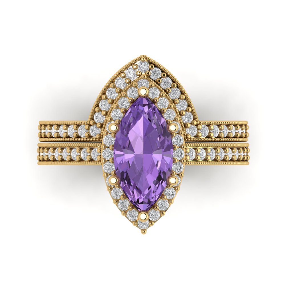 2.4875 cttw Marquise Cut Simulated Alexandrite Bridal Set - Solid Yellow Gold Engagement Ring & Wedding Band