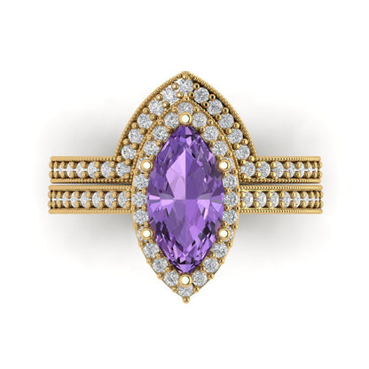 2.4875 cttw Marquise Cut Simulated Alexandrite Bridal Set - Solid Yellow Gold Engagement Ring & Wedding Band