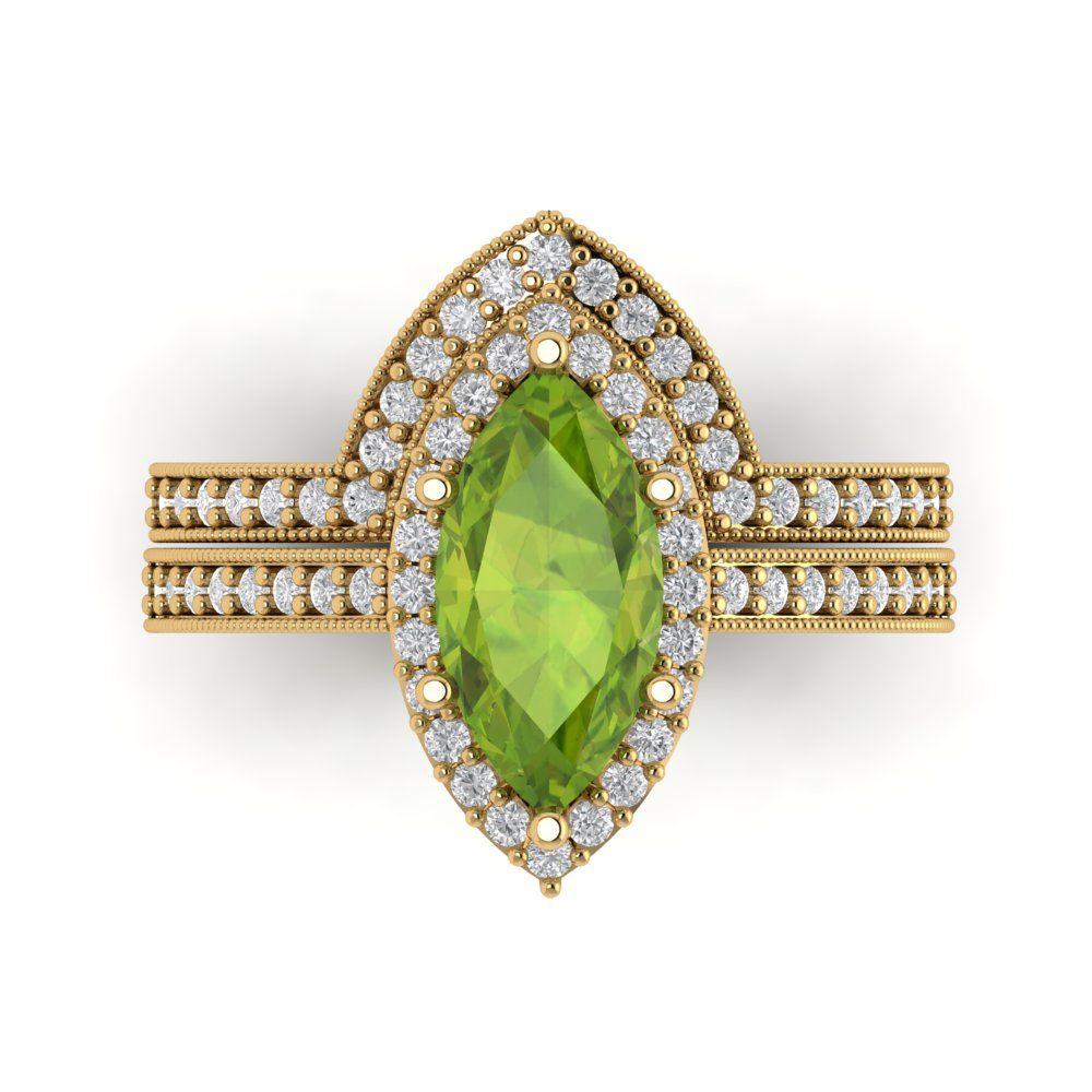 2.4875 cttw Marquise Cut Natural Peridot Bridal Set - Solid Yellow Gold Engagement Ring & Wedding Band