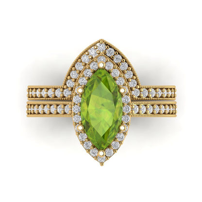 2.4875 cttw Marquise Cut Natural Peridot Bridal Set - Solid Yellow Gold Engagement Ring & Wedding Band