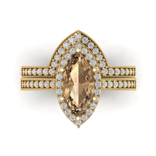 2.4875 cttw Marquise Cut Simulated Champagne Diamond Bridal Set - Solid Yellow Gold Engagement Ring & Wedding Band