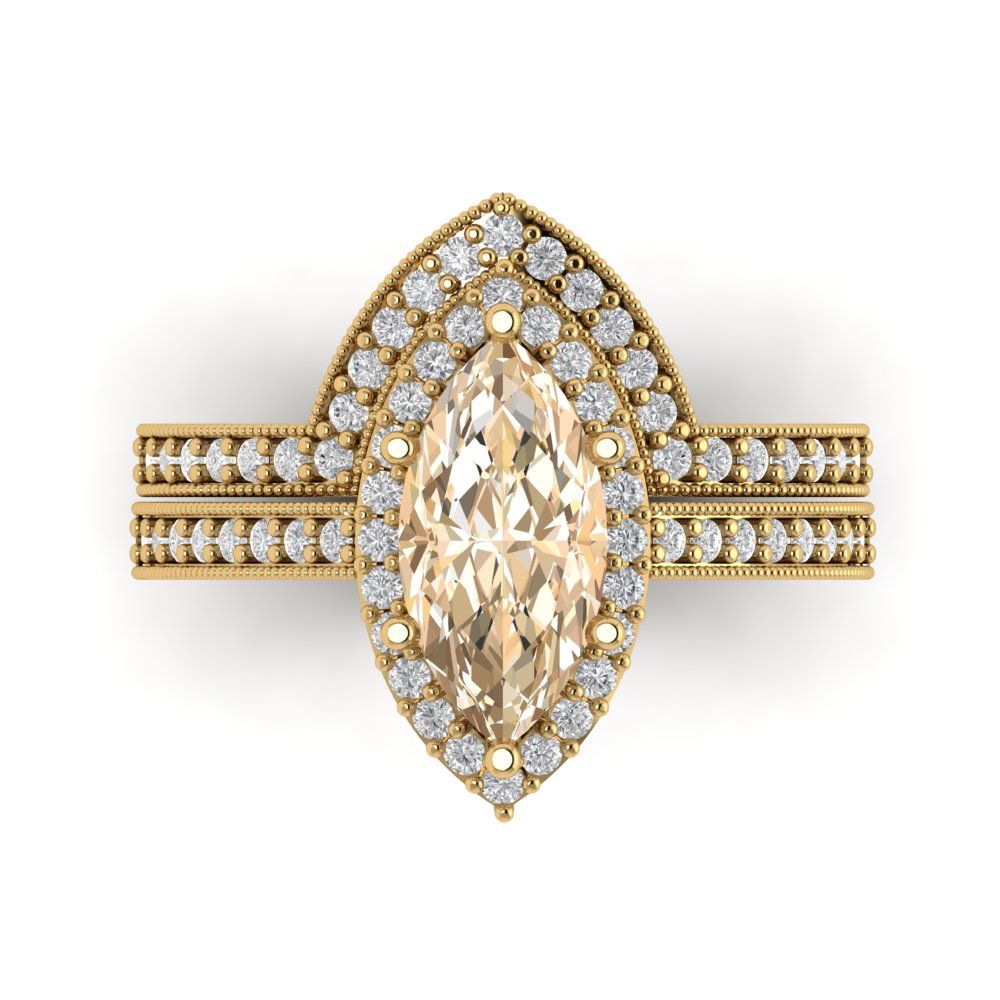 2.4875 cttw Marquise Cut Natural Morganite Bridal Set - Solid Yellow Gold Engagement Ring & Wedding Band