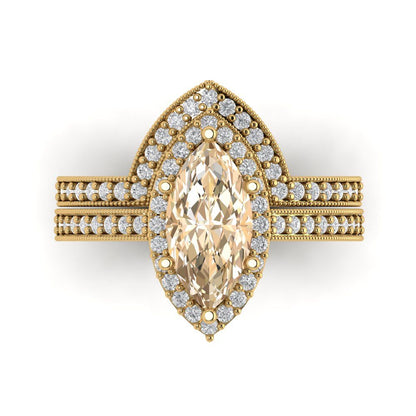 2.4875 cttw Marquise Cut Natural Morganite Bridal Set - Solid Yellow Gold Engagement Ring & Wedding Band