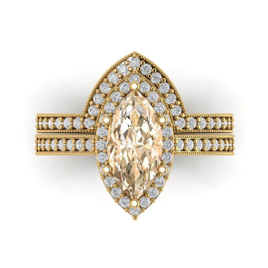 2.4875 cttw Marquise Cut Natural Morganite Bridal Set - Solid Yellow Gold Engagement Ring & Wedding Band