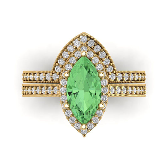 2.4875 cttw Marquise Cut Simulated Green Diamond Bridal Set - Solid Yellow Gold Engagement Ring & Wedding Band