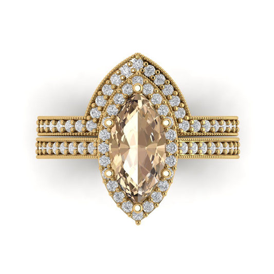 2.4875 cttw Marquise Cut Yellow Moissanite Bridal Set - Solid Yellow Gold Engagement Ring & Wedding Band