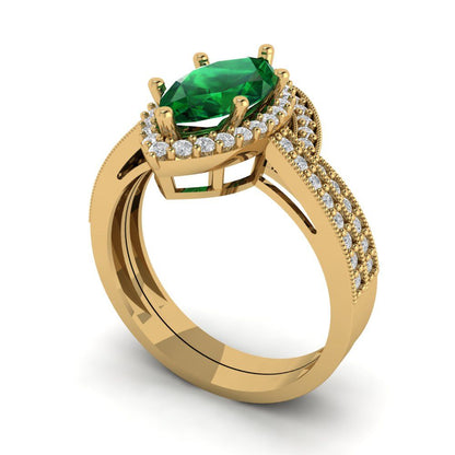 2.4875 cttw Marquise Cut Simulated Emerald Bridal Set - Solid Yellow Gold Engagement Ring & Wedding Band
