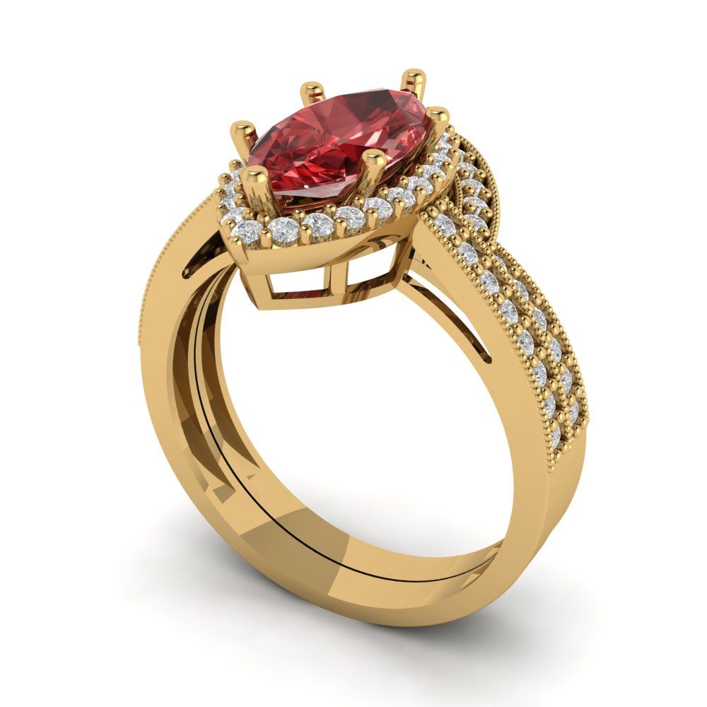 2.4875 cttw Marquise Cut Natural Garnet Bridal Set - Solid Yellow Gold Engagement Ring & Wedding Band