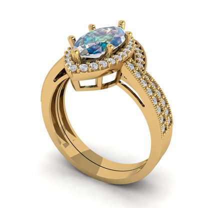 2.4875 cttw Marquise Cut Blue Moissanite Bridal Set - Solid Yellow Gold Engagement Ring & Wedding Band