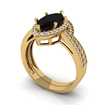 2.4875 cttw Marquise Cut Natural Onyx Bridal Set - Solid Yellow Gold Engagement Ring & Wedding Band
