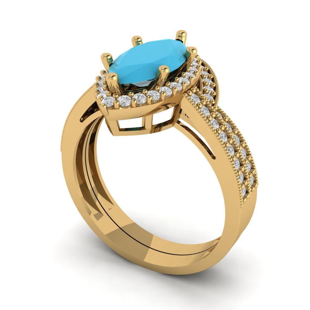 2.4875 cttw Marquise Cut Simulated Turquoise Bridal Set - Solid Yellow Gold Engagement Ring & Wedding Band