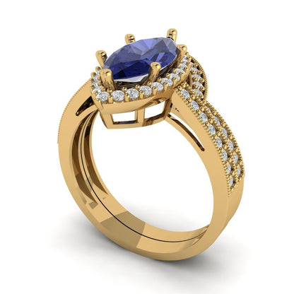 2.4875 cttw Marquise Cut Simulated Tanzanite Bridal Set - Solid Yellow Gold Engagement Ring & Wedding Band