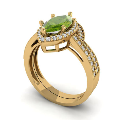 2.4875 cttw Marquise Cut Natural Peridot Bridal Set - Solid Yellow Gold Engagement Ring & Wedding Band