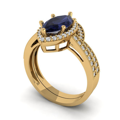 2.4875 cttw Marquise Cut Simulated Blue Sapphire Bridal Set - Solid Yellow Gold Engagement Ring & Wedding Band