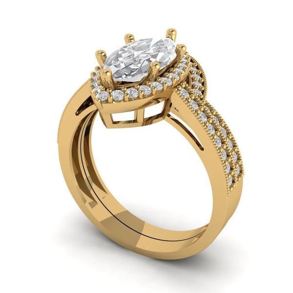 2.48 ct Brilliant Marquise Cut White Sapphire Stone Yellow Gold Halo Solitaire with Accents Bridal Set